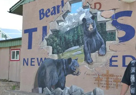 Bearly Used and New Tires building mural showing black bears in Colorado mountains